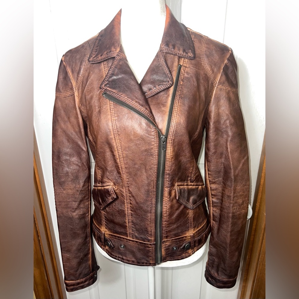 Kut from the Kloth Faux Leather Moto Jacket Vegan Leather Cropped Brown Size XS